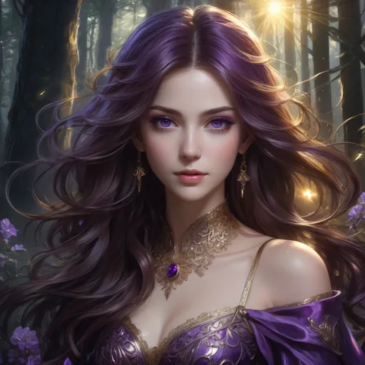 Prompt: Full body visible, oil painting, young 36 years old Human White woman, pale-skinned-female, ((beautiful detailed face and glowing anime dark purple eyes)), long dark auburn hair, rosy cheeks, sly grin, looking at the viewer, sorceress wearing almost black purple dress, raising her holy scepter to the sky, intricate hyper detailed hair, intricate hyper detailed eyelashes, intricate hyper detailed shining pupils, #3238, UHD, hd , 8k eyes, detailed face, big anime dreamy eyes, 8k eyes, intricate details, insanely detailed, masterpiece, cinematic lighting, 8k, complementary colors, golden ratio, octane render, volumetric lighting, unreal 5, artwork, concept art, cover, top model, light on hair colorful glamourous hyperdetailed ((dark forest)) background, intricate hyperdetailed battlefield, ultra-fine details, hyper-focused, deep colors, dramatic lighting, ambient lighting god rays | by sakimi chan, artgerm, wlop, pixiv, tumblr, instagram, deviantart