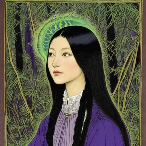 Prompt: Marianne Stokes, Masaaki Sasamoto, Carlos Schwabe, Virginia Frances Sterrett, Gustav Dore, Albrecht Durer: On a springs's night, a beautiful woman goes out to the cottagecore swampy wilderness to commune with the spirits of chaos and the cosmos, fireflies, horned owls, frogs and pixies, Mysterious, purple, detailed foliage