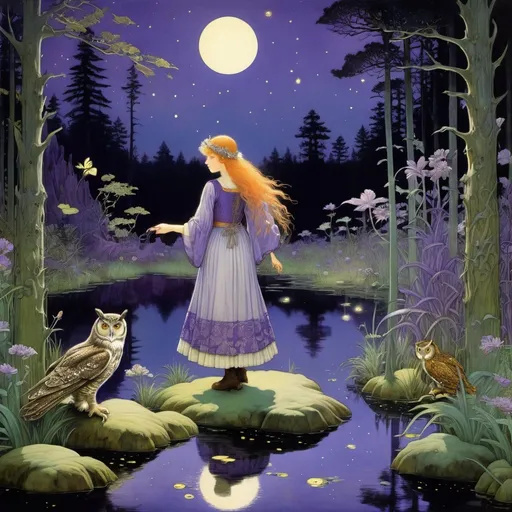 Prompt: Marianne Stokes, Masaaki Sasamoto, Carlos Schwabe, Virginia Frances Sterrett, Gustav Dore, Albrecht Durer: On a springs's night, a beautiful woman goes out to the cottagecore swampy wilderness to commune with the spirits of chaos and the cosmos, fireflies, horned owls, frogs and pixies, Mysterious, purple, detailed foliage