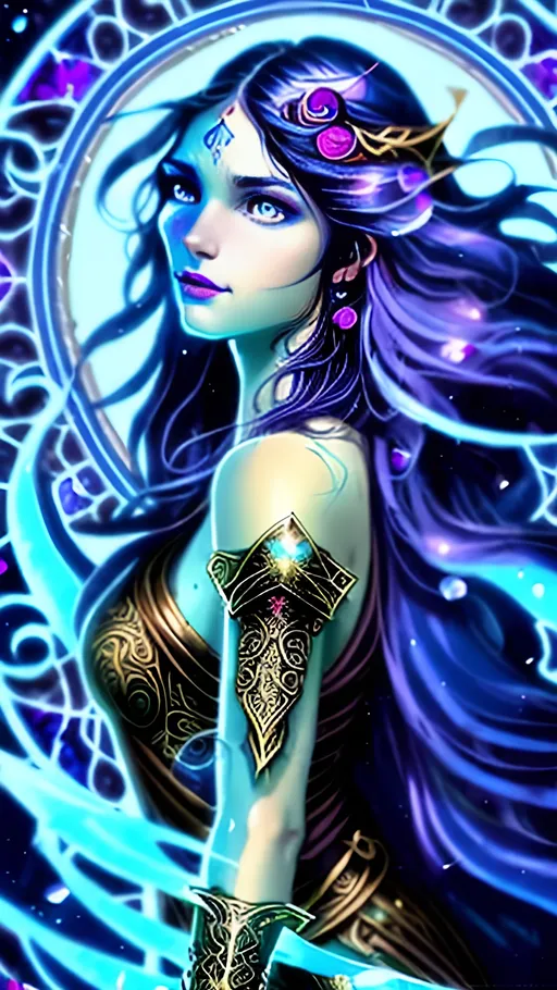 Prompt: Beautiful fantasy mage with long wavy black hair, vibrant aquamarine eyes, alluring and coy, highres, fantasy, vibrant colors, enchanting, detailed facial features, flowing hair, fantasy mage aesthetic, mystical lighting