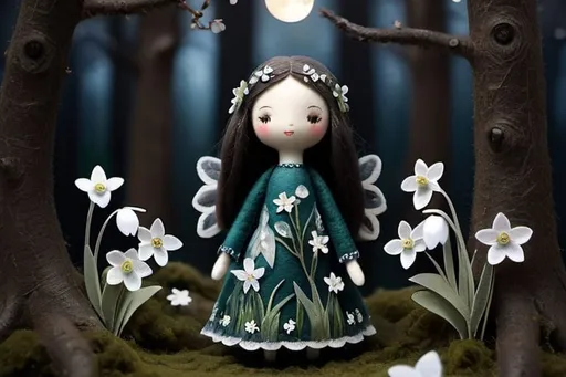 Prompt: Dark moonlit forest with transparent flowers and blooms, snowdrops with transparent petals, high-res, detailed, fantasy, cool tones, ethereal lighting, intricate details, glowing moonlight, atmospheric, magical, detailed petals, enchanting, mystical, enchanted forest, night scene, delicate blooms