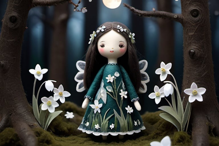 Prompt: Dark moonlit forest with transparent flowers and blooms, snowdrops with transparent petals, high-res, detailed, fantasy, cool tones, ethereal lighting, intricate details, glowing moonlight, atmospheric, magical, detailed petals, enchanting, mystical, enchanted forest, night scene, delicate blooms