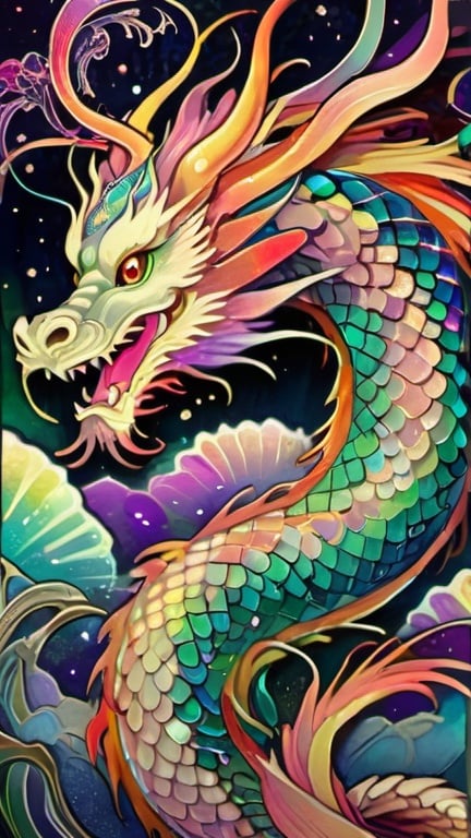 Prompt: Japanese dragon in the style of traditional Japanese art, vibrant aurora borealis in the background, intricate dragon scales, mythical creature, colorful and dynamic, high quality, traditional art style, vibrant colors, aurora borealis, detailed scales, mythical, Japanese art, breathtaking lighting