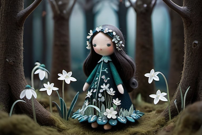 Prompt: Dark moonlit forest with transparent flowers and blooms, snowdrops with transparent petals, high-res, detailed, fantasy, cool tones, ethereal lighting, intricate details, glowing moonlight, atmospheric, magical, detailed petals, enchanting, mystical, enchanted forest, night scene, delicate blooms