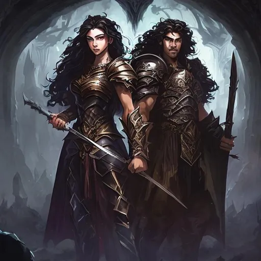 Prompt: Fantasy RPG game style illustration of a heroic man with dark curls standing next to a woman with dark hair, epic fantasy setting, intricate armor and weapons, magical aura, detailed facial features, high-quality, fantasy RPG, detailed characters, dark tones, magical lighting