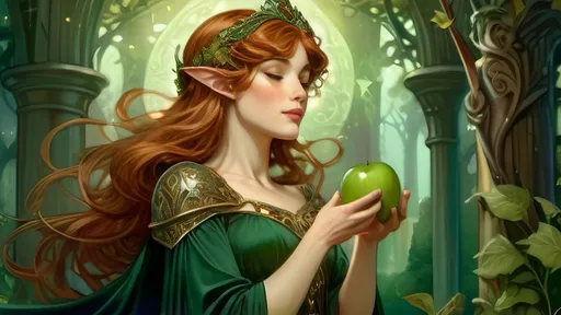 Prompt: Auburn-haired human woman in a beautiful fantasy maiden dark green dress, offering an apple to a half-elf king with short brown hair dressed in luxurious dark green clothes, magical fantasy, detailed fantasy clothing, high resolution, fantasy art, regal atmosphere, detailed facial features, enchanted forest setting, elegant and ornate, magical lighting, fantasy, high fantasy, detailed dress, regal, luxurious, mythical, royal, enchanting, magical lighting, detailed facial features, high resolution