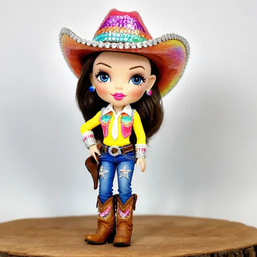 Prompt: dolly inspired rainbow rhinestone cowgirl