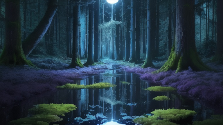 Prompt: nightime in a glowing forest with big bulbous trees and lots of puddles in a  floor covered with soft moss. the water glows a faint blue. the moon is a light purple. 