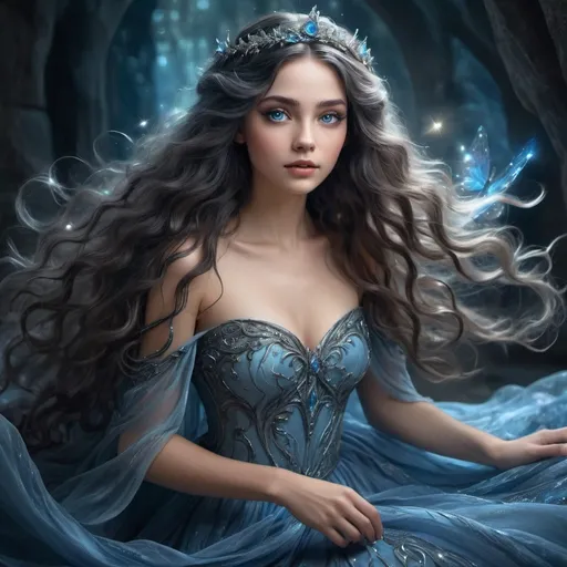 Prompt: Beautiful fairy princess with blue-black waves, radiant and ethereal, high-quality, fantasy, detailed eyes, flowing gown, magical aura, enchanting atmosphere, fairy-tale, dreamy, mystical, elegant, atmospheric lighting, fantasy art, long flowing hair, ethereal beauty, princess, fairy, detailed hair, magical, enchanting, detailed, high quality