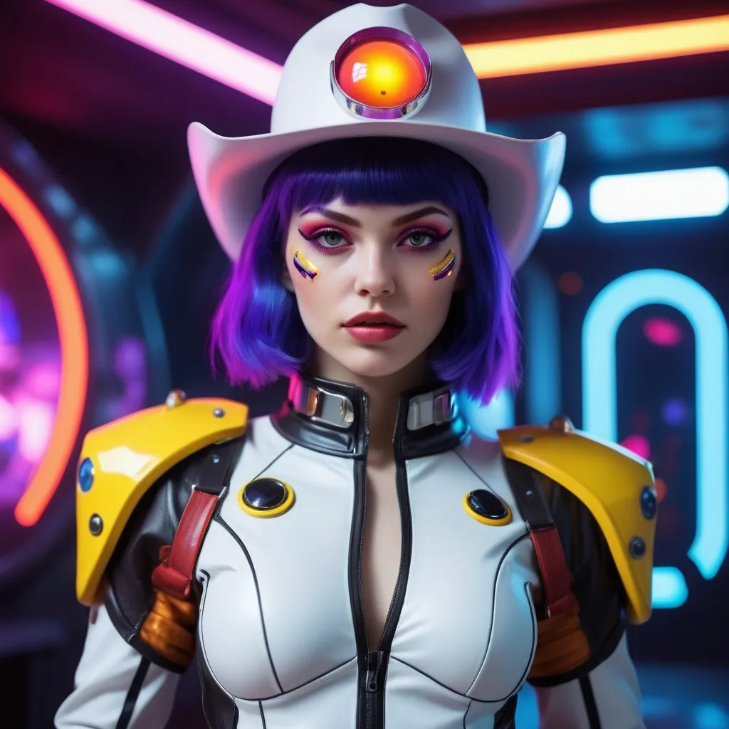 Prompt: Realistic cosmic cowgirl outfit, Faye Valentine, space rave, futuristic setting, detailed facial features, high quality, realism, cosmic color palette, neon lighting, futuristic accessories, professional art, immersive atmosphere