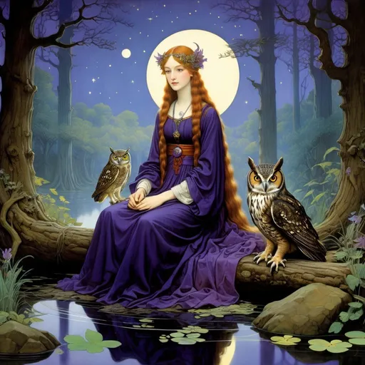Prompt: Marianne Stokes, Masaaki Sasamoto, Carlos Schwabe, Virginia Frances Sterrett, Gustav Dore, Albrecht Durer: On a springs's night, a beautiful woman goes out to the cottagecore swampy wilderness to commune with the spirits of chaos and the cosmos, fireflies, horned owls, frogs and pixies, Mysterious, purple, detailed foliage