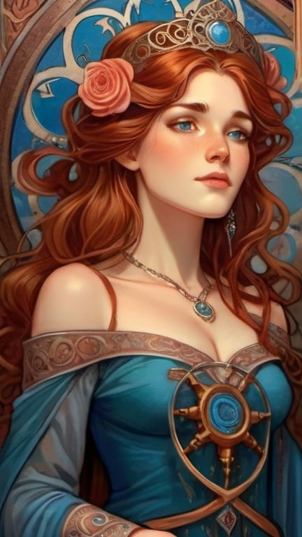 Prompt: Alphonse Mucha Style,,Detailed portrayal of Elayne Trakand, Daughter-Heir, Wheel of Time series, book-accurate, high quality, realistic, fantasy, medieval, regal attire, auburn hair cascading in loose curls, piercing blue eyes, intricate crown with rose motifs, flowing silk gown in royal colors, intricate embroidery, elegant posture, royal demeanor, authentic setting, rich color palette, soft and natural lighting,,<lora:Alphonse Mucha Style:1>