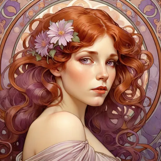 Prompt: woman with wavy auburn hair and light purple eyes