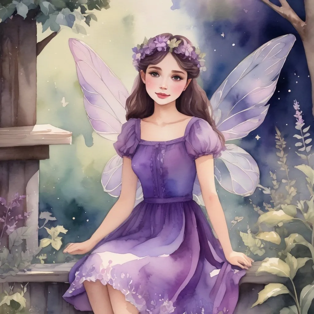 Prompt: Cute nostalgic fairy in a Tyrian purple dress, fairycore, cottagecore setting, detailed foliage, high quality, nostalgic, whimsical, detailed, watercolor style, pastel colors, soft lighting, animated, fairy wings, vintage aesthetic, cozy cottage, magical atmosphere, watercolor painting, vintage style