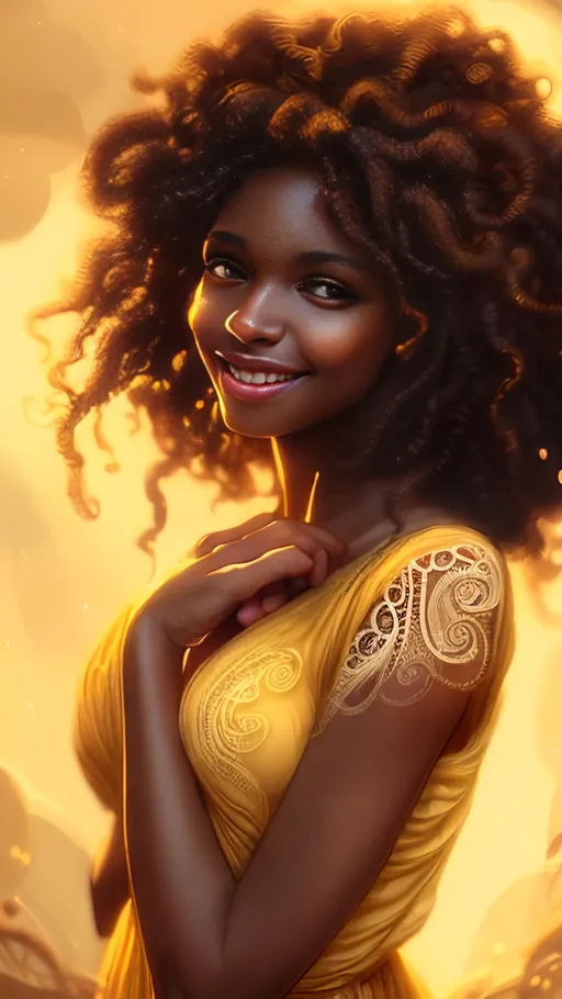 Prompt: Beautiful black woman, long natural curly hair, soft skin, brown eyes, warm lighting, closed mouth smile, fantasy, warm-toned, elegant, flowing yellow dress, detailed eyes, highres, warm and soft colors, fantasy art, professional, atmospheric lighting