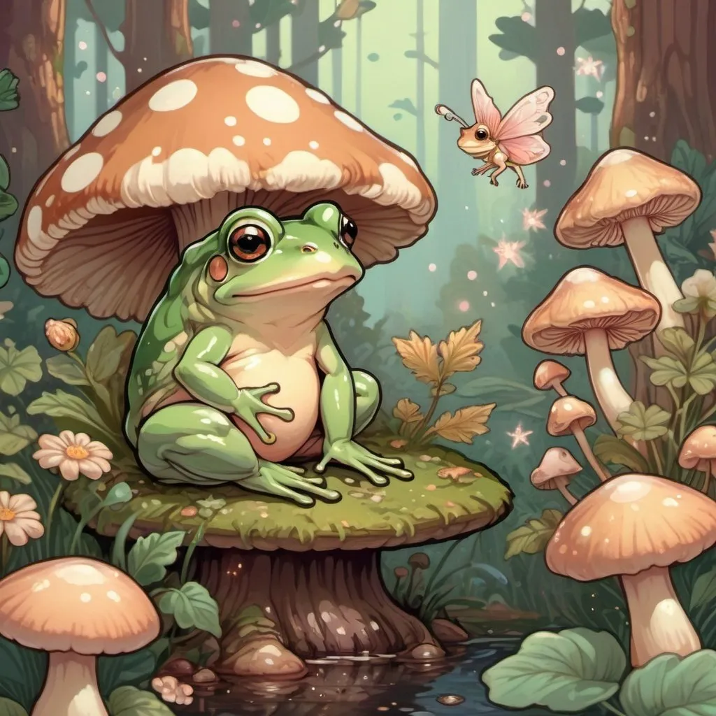 Prompt: Cute pixel art of a frog sitting next to a mushroom while a fairy flies around, fairycore, cottagecore, nostalgic, tumblrcore, detailed foliage, warm and cozy lighting, pastel tones, high quality, pixel art, fairycore atmosphere, nostalgic vibes, cozy cottagecore setting, cute frog design, detailed mushroom frog and fairy friend kawaii fairy