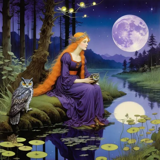 Prompt: Marianne Stokes, Masaaki Sasamoto, Carlos Schwabe, Virginia Frances Sterrett, Gustav Dore, Albrecht Durer: On a springs's night, a beautiful woman goes out to the cottagecore swampy wilderness to commune with the spirits of chaos and the cosmos, fireflies, horned owls, frogs and pixies, Mysterious, purple, detailed foliage