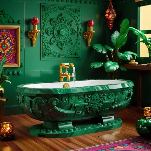 Prompt: Big bathtub carved out of dark green marble, stunning bohemian art bathroom, highres, detailed carving, bohemian, luxurious, vibrant color scheme, intricate patterns, art nouveau, atmospheric lighting