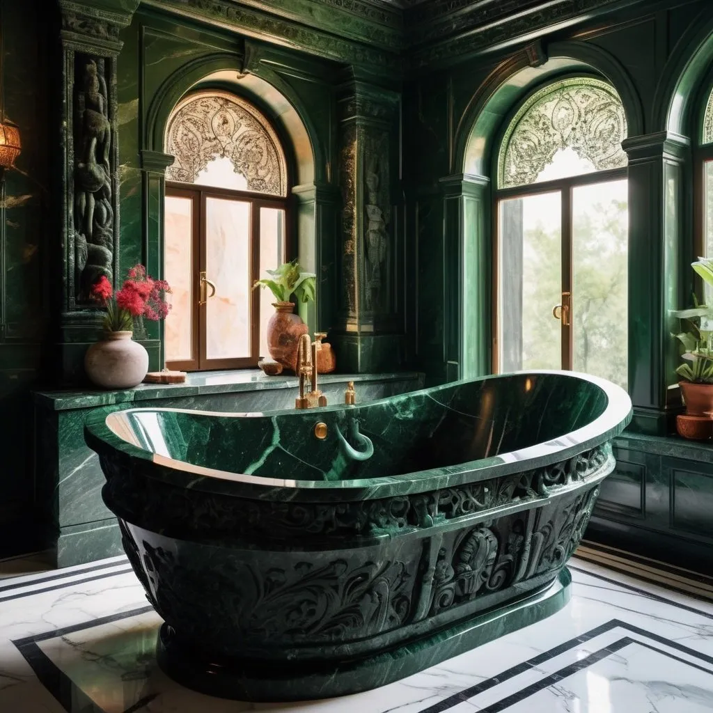 Prompt: big bathtub carved out of dark green marble in a stunning bohemian art bathroom