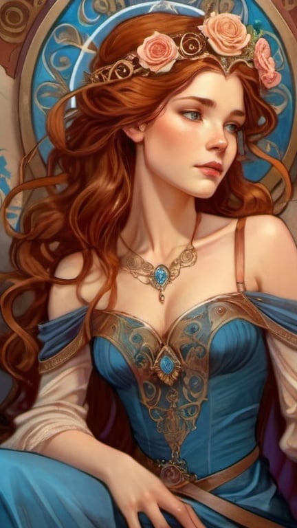 Prompt: Detailed portrayal of Elayne Trakand, Daughter-Heir, Wheel of Time series, book-accurate, high quality, realistic, fantasy, medieval, regal attire, auburn hair cascading in loose curls, piercing blue eyes, intricate crown with rose motifs, flowing silk gown in royal colors, intricate embroidery, elegant posture, royal demeanor, authentic setting, rich color palette, soft and natural lighting