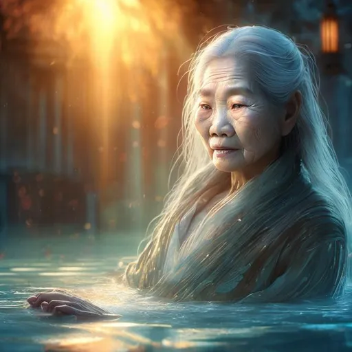 Prompt: Old asian woman with long white hair, floating in the middle of a glowing pool of rippling water, magical, high quality, fantasy game style, ethereal lighting, mystical ambiance, detailed wrinkles, flowing robes, serene expression, serene, ancient, rippling water, mystical, magical, fantasy game, detailed hair, professional, atmospheric lighting