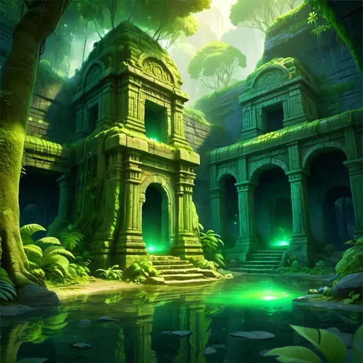 Prompt: Magic glowing hot spring in lush jungle temple ruins, vibrant green foliage, ancient mystical aura, high quality, digital painting, fantasy, vibrant green tones, glowing magical light, atmospheric ruins, detailed texture, mystical ambiance, jungle setting, ancient architecture, vibrant and unique, detailed reflections, magical atmosphere, professional, atmospheric lighting