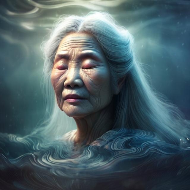 Prompt: Old asian woman with long white hair, floating on her back with her eyes closed in the middle of a glowing pool of rippling water, magical, high quality, fantasy game style, ethereal lighting, mystical ambiance, detailed wrinkles, flowing robes, serene expression, serene, ancient, rippling water, mystical, magical, fantasy game, detailed hair, professional, atmospheric lighting