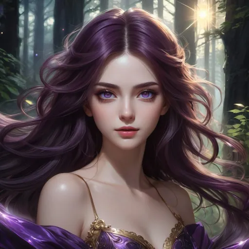 Prompt: Full body visible, oil painting, young 36 years old Human White woman, pale-skinned-female, ((beautiful detailed face and glowing anime dark purple eyes)), long dark auburn hair, rosy cheeks, sly grin, looking at the viewer, sorceress wearing almost black purple dress, raising her holy scepter to the sky, intricate hyper detailed hair, intricate hyper detailed eyelashes, intricate hyper detailed shining pupils, #3238, UHD, hd , 8k eyes, detailed face, big anime dreamy eyes, 8k eyes, intricate details, insanely detailed, masterpiece, cinematic lighting, 8k, complementary colors, golden ratio, octane render, volumetric lighting, unreal 5, artwork, concept art, cover, top model, light on hair colorful glamourous hyperdetailed ((dark forest)) background, intricate hyperdetailed battlefield, ultra-fine details, hyper-focused, deep colors, dramatic lighting, ambient lighting god rays | by sakimi chan, artgerm, wlop, pixiv, tumblr, instagram, deviantart