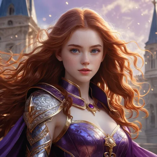 Prompt: Full body visible, oil painting, young 22 years old Human pale freckly  White woman, pale-skinned-female, ((beautiful detailed face and glowing anime purple eyes)), long auburn hair, rosy cheeks, sly grin, looking at the viewer, queen wearing Tyrian purple dress, raising her holy scepter to the sky, intricate hyper detailed hair, intricate hyper detailed eyelashes, intricate hyper detailed shining pupils, #3238, UHD, hd , 8k eyes, detailed face, big anime dreamy eyes, 8k eyes, intricate details, insanely detailed, masterpiece, cinematic lighting, 8k, complementary colors, golden ratio, octane render, volumetric lighting, unreal 5, artwork, concept art, cover, top model, light on hair colorful glamourous hyperdetailed ((Battlefield)) background, intricate hyperdetailed battlefield, ultra-fine details, hyper-focused, deep colors, dramatic lighting, ambient lighting god rays | by sakimi chan, artgerm, wlop, pixiv, tumblr, instagram, deviantart