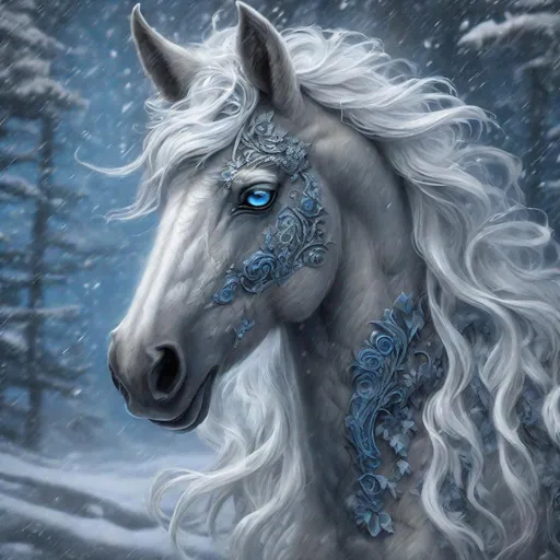 Prompt: art by  Phil Koch,Meghan Howland

"painting of a fantasy fairy horse in a snowstorm, ornate ears, piercing blue eyes, dark grey fur, beautiful wavy mane, ornate patterns, intricate details, front view head and shoulders portrait, 4k, white background, Unreal Engine, Artstation"



luminism, ultra  highly detailed, 32 k, 
Fantastic Realism complex background, dynamic lighting, lights, digital painting, intricated pose, highly detailed intricated,