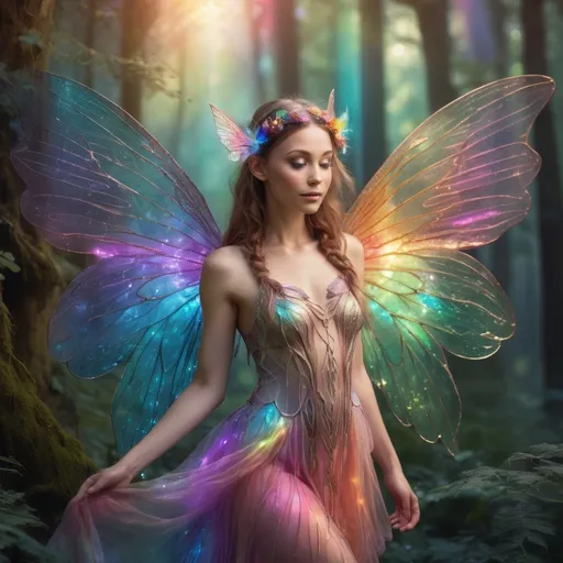 Prompt: Rainbow fairy with ethereal wings, vibrant and iridescent, mystical forest backdrop, delicate and detailed features, magical aura, high quality, fantasy, colorful, ethereal, detailed wings, enchanting, vibrant colors, whimsical, atmospheric lighting