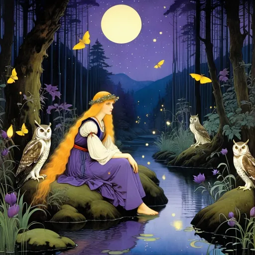 Prompt: Marianne Stokes, Masaaki Sasamoto, Carlos Schwabe, Virginia Frances Sterrett, Gustav Dore, Albrecht Durer: On a springs's night, a beautiful woman goes out to the cottagecore swampy wilderness to commune with the spirits of chaos and the cosmos, fireflies, horned owls, frogs and pixies, Mysterious, purple, detailed foliage