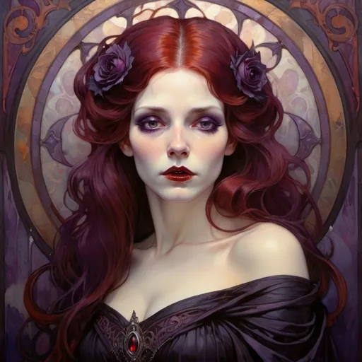 Prompt: Pale queen woman with dark red hair and deep purple eyes, gothic oil painting, haunting atmosphere, high quality, detailed facial features, vampire-inspired, dark tones, atmospheric lighting