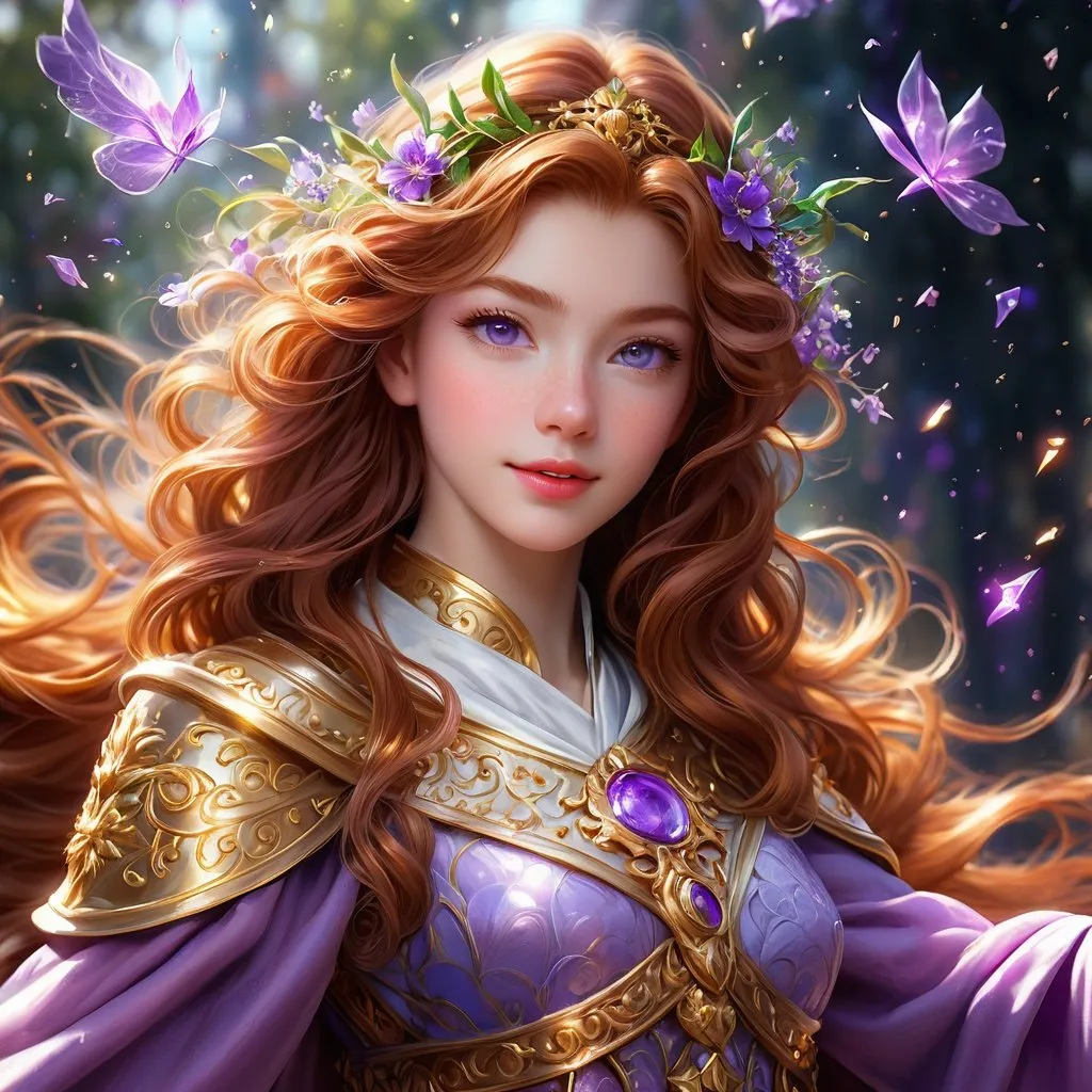 Prompt: Full body visible, oil painting, young 22 years old Human pale freckly girl, pale-skinned-female, ((beautiful detailed face and glowing anime purple eyes)), long auburn hair, rosy cheeks, sly grin, looking at the viewer, queen wearing Tyrian purple dress, raising her holy scepter to the sky, intricate hyper detailed hair, intricate hyper detailed eyelashes, intricate hyper detailed shining pupils, #3238, UHD, hd , 8k eyes, detailed face, big anime dreamy eyes, 8k eyes, intricate details, insanely detailed, masterpiece, cinematic lighting, 8k, complementary colors, golden ratio, octane render, volumetric lighting, unreal 5, artwork, concept art, cover, top model, light on hair colorful glamourous hyperdetailed ((Battlefield)) background, intricate hyperdetailed battlefield, ultra-fine details, hyper-focused, deep colors, dramatic lighting, ambient lighting god rays | by sakimi chan, artgerm, wlop, pixiv, tumblr, instagram, deviantart