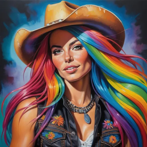 Prompt: Groovy rainbow black cowgirl, vibrant oil painting, wild west theme, psychedelic colors, flowing rainbow hair, confident pose, detailed facial features, high quality, vibrant oil painting, wild west, psychedelic colors, rainbow hair, confident pose, detailed facial features, groovy