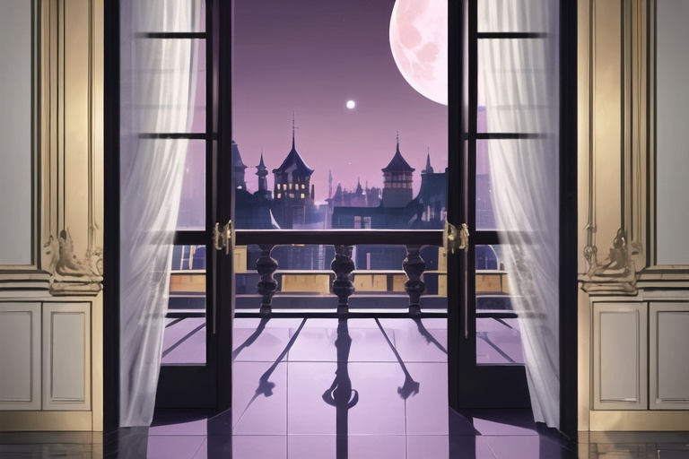 Prompt: Rich palace corridor with deep, warm purple floor tiles adorned with gold moons, tall windows overlooking a soft moon garden, moonlit atmosphere, luxurious, detailed architecture, high-ceiling, warm color palette, moonlit garden view, regal ambiance, palace corridor, detailed tiling, soft moonlight, opulent, elegant, majestic, moonlit windows