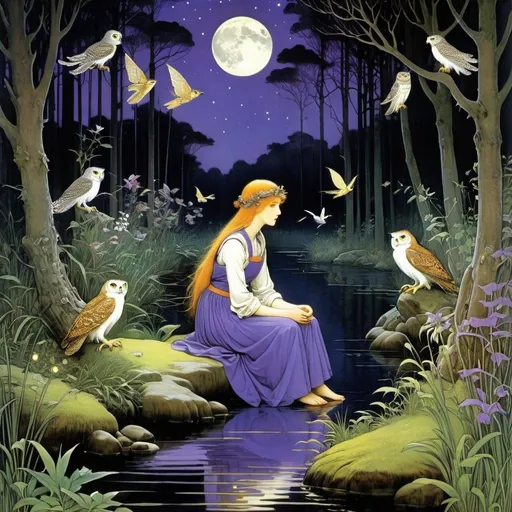 Prompt: Marianne Stokes, Masaaki Sasamoto, Carlos Schwabe, Virginia Frances Sterrett, Gustav Dore, Albrecht Durer: On a springs's night, a beautiful woman goes out to the cottagecore swampy wilderness to commune with the spirits of chaos and the cosmos, fireflies, horned owls, frogs and pixies, Mysterious, purple moon, detailed foliage