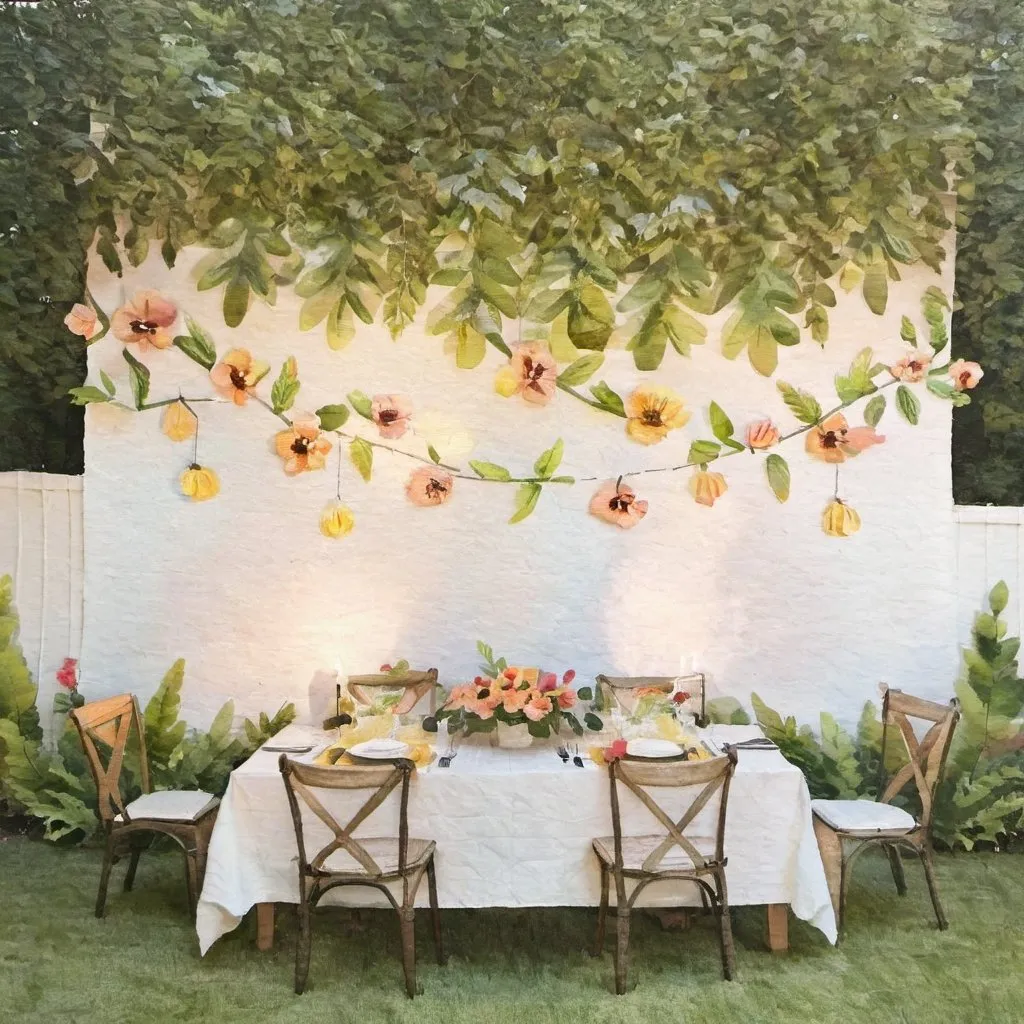 Prompt: warm lit evening dinner party in a backyard with trees that have great big paper decor flowers in the leaves