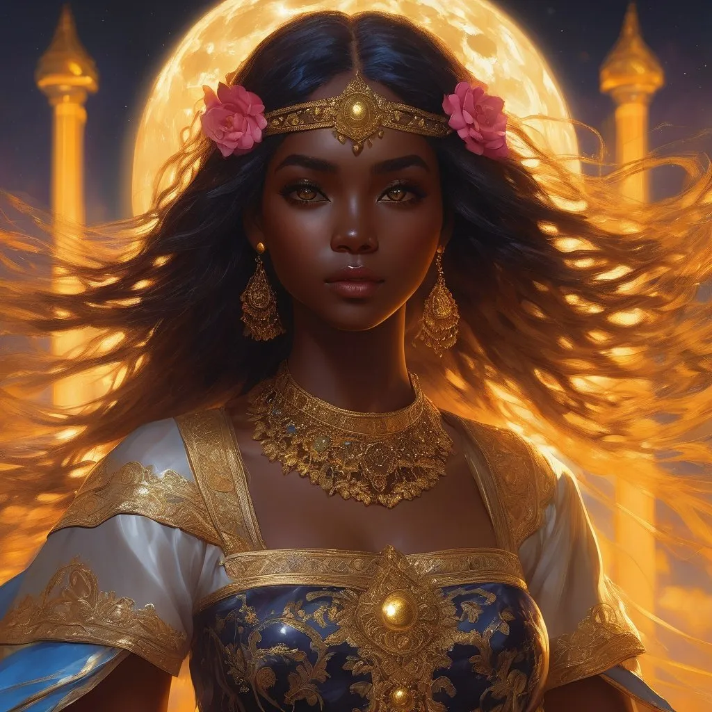 Prompt: Full body visible, oil painting, young 27 years old Human Black woman, black-skinned-female, ((beautiful detailed face and glowing anime chocolate eyes)), long glossy, coily hair, rosy cheeks, sly grin, looking at the viewer, sorceress wearing marigold yellow dress, raising her holy scepter to the sky, intricate hyper detailed hair, intricate hyper detailed eyelashes, intricate hyper detailed shining pupils, #3238, UHD, hd , 8k eyes, detailed face, big anime dreamy eyes, 8k eyes, intricate details, insanely detailed, masterpiece, cinematic lighting, 8k, complementary colors, golden ratio, octane render, volumetric lighting, unreal 5, artwork, concept art, cover, top model, light on hair colorful glamourous hyperdetailed ((moonlit)) background, intricate hyperdetailed battlefield, ultra-fine details, hyper-focused, deep colors, dramatic lighting, ambient lighting god rays | by sakimi chan, artgerm, wlop, pixiv, tumblr, instagram, deviantart