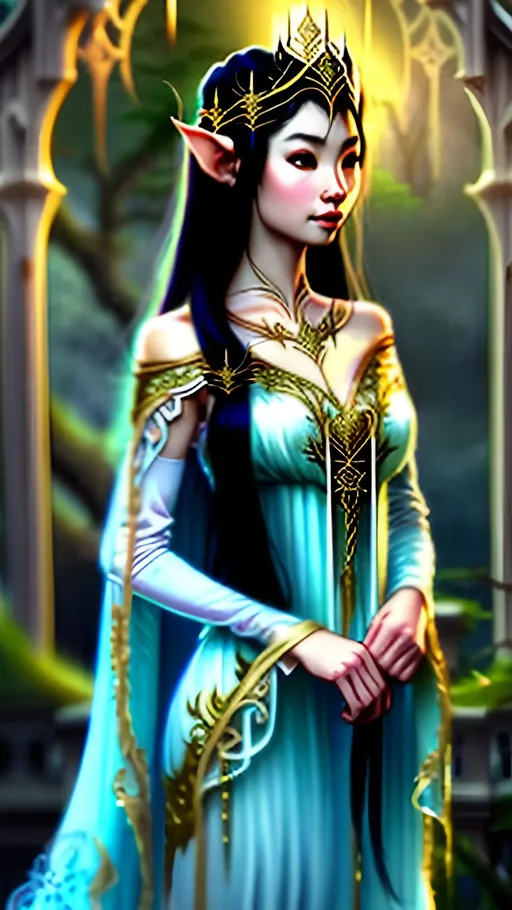 Prompt: Asian fantasy princess with elements of Arwen, elegant dress with intricate details, flowing sleeves, ethereal beauty, glowing elven tiara, mystical forest background, high quality, fantasy, elegant, ethereal beauty, flowing dress, intricate details, elven tiara, mystical, forest setting, Asian, Arwen-inspired, graceful, mystical lighting