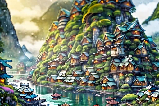 Prompt: Fantasy illustration of a Viking-inspired mountain village, Ghibli-inspired architecture, lush greenery, cozy atmosphere, rounded white washed homes, slate roofs, Edo era meets Viking, fantasy style, detailed greenery, vibrant nature, cozy and inviting, highres, fantasy, Ghibli, Viking, Edo era, lush greenery, detailed architecture, cozy atmosphere, vibrant colors, atmospheric lighting