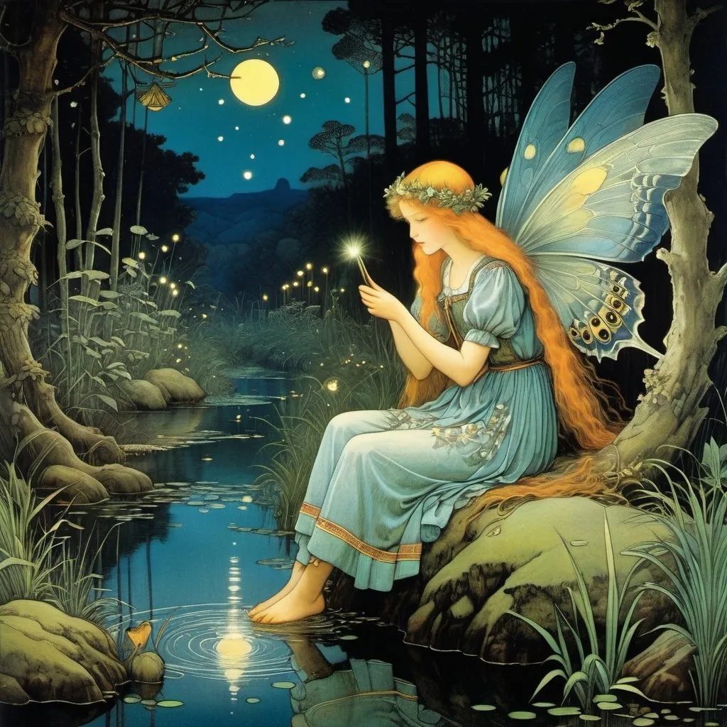 Prompt: Marianne Stokes, Masaaki Sasamoto, Carlos Schwabe, Virginia Frances Sterrett, Gustav Dore, Albrecht Durer: On a springs's night, a beautiful girl fairy goes out to the cottagecore swampy wilderness to commune with the spirits of nature and light, fireflies, horned owls, frogs and pixies, Mysterious