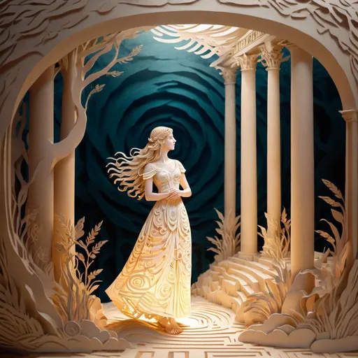 Prompt: Illustration of Ariadne in an ethereal, dreamlike setting, intricate labyrinth background, flowing dress, ancient Greek mythology, mystical atmosphere, soft and warm lighting, high quality, detailed, ethereal, dreamlike, ancient Greek mythology, flowing dress, intricate details, mystical, soft lighting, atmospheric, professional