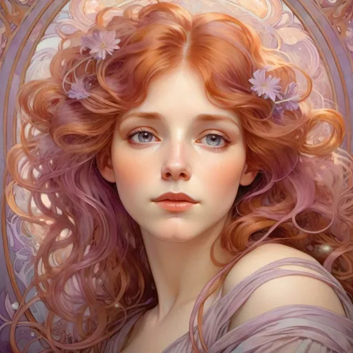 Prompt: Wavy auburn-haired woman with light purple eyes, oil painting, soft and dreamy, pastel color tones, detailed hair strands, whimsical fantasy, ethereal lighting, high quality