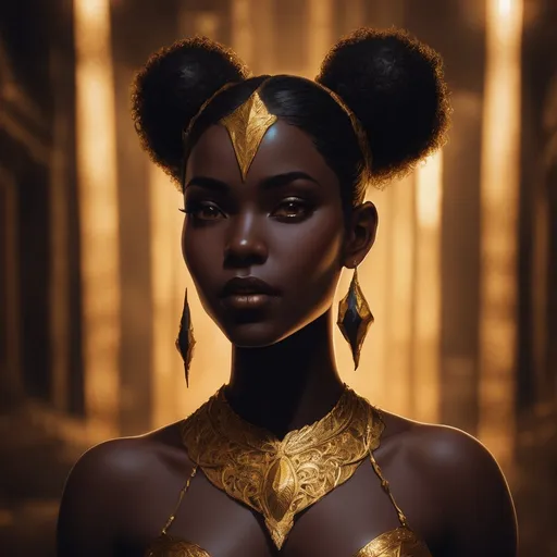 Prompt: Beautiful midnight skin black woman in fantasy setting, gold painted ears, high quality, fantasy, detailed features, ethereal lighting