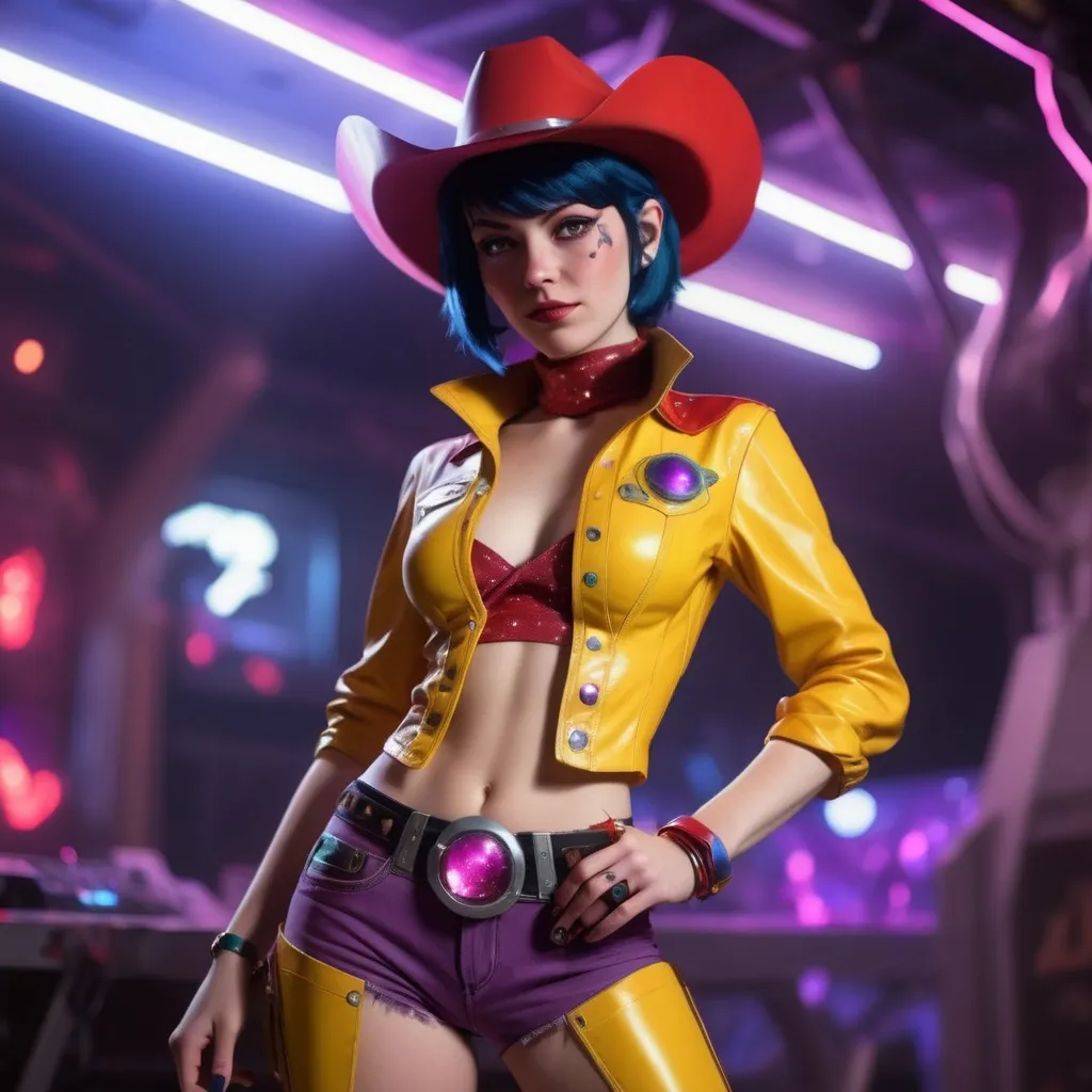 Prompt: realistic faye valentine in a cosmic cowgirl outfit at a space rave