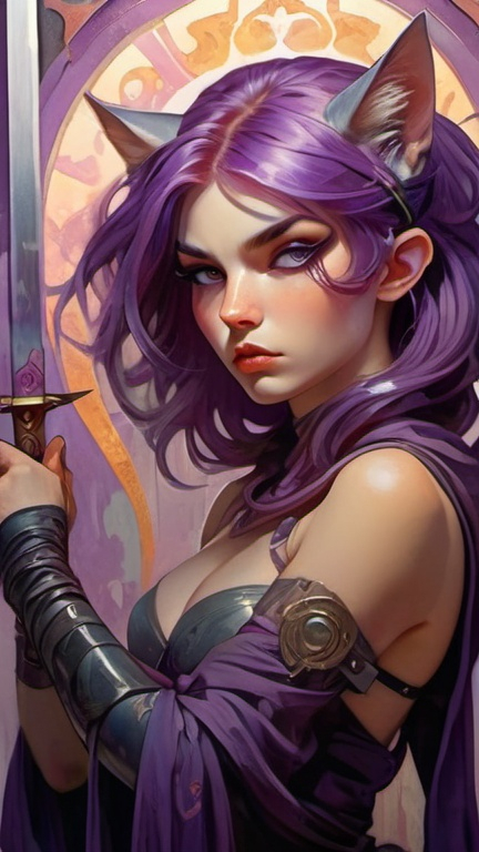 Prompt: Warrior thief cat girl with purple hair and eyes wielding daggers, oil painting, detailed daggers, intense gaze, sleek design, high quality, anime, cool tones, atmospheric lighting, purple hair and eyes, professional