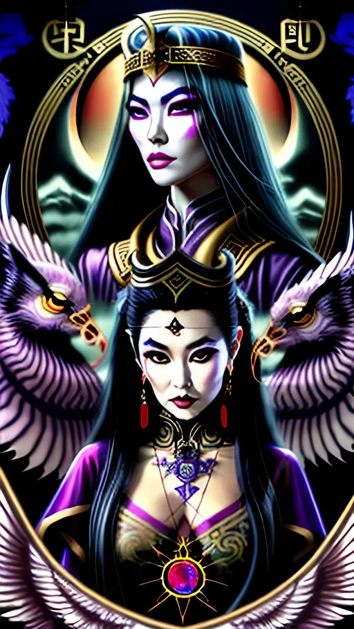 Prompt: Half-Asian high priestess with Elizabeth Taylor eyes, half-Japanese half Liv Tyler, Renaissance wavy jet black hair, fantasy, music theme, detailed, high-quality, renaissance, mystical, exotic eyes, magical, atmospheric lighting