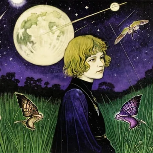 Prompt: Marianne Stokes, Masaaki Sasamoto, Carlos Schwabe, Virginia Frances Sterrett, Gustav Dore, Albrecht Durer: On a springs's night, a beautiful woman goes out to the cottagecore swampy wilderness to commune with the spirits of chaos and the cosmos, fireflies, horned owls, frogs and pixies, Mysterious, purple, detailed foliage