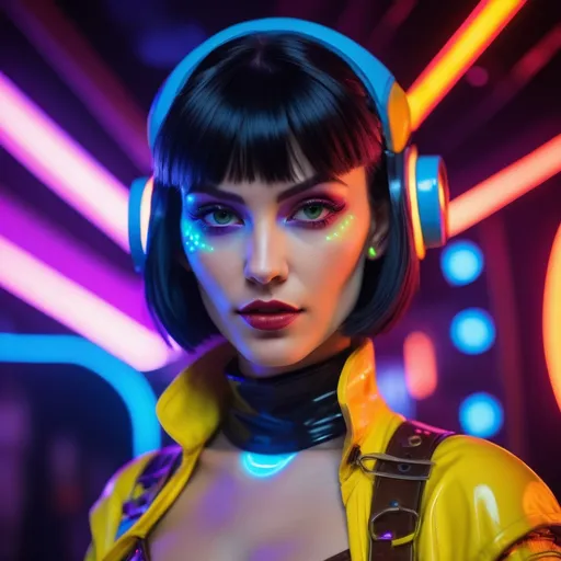 Prompt: Realistic portrayal of Faye Valentine at a space rave, cosmic cowgirl outfit, glowing neon lights, detailed facial features, high quality, realism, cosmic theme, vibrant colors, futuristic setting, intricate costume design, professional lighting